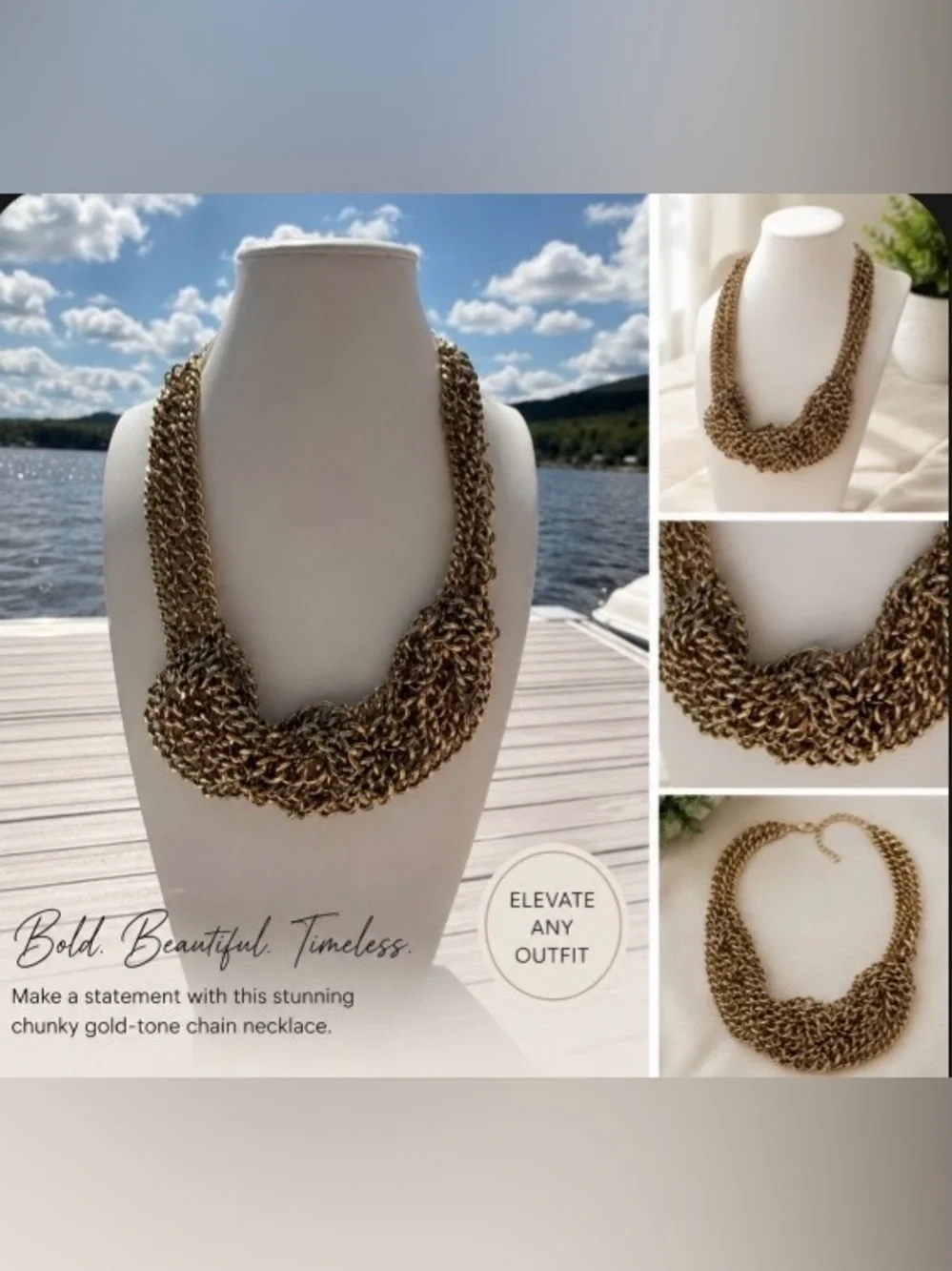 Vintage Chunky Multi-Strand Chain Statement Necklace Bib Draped Collar